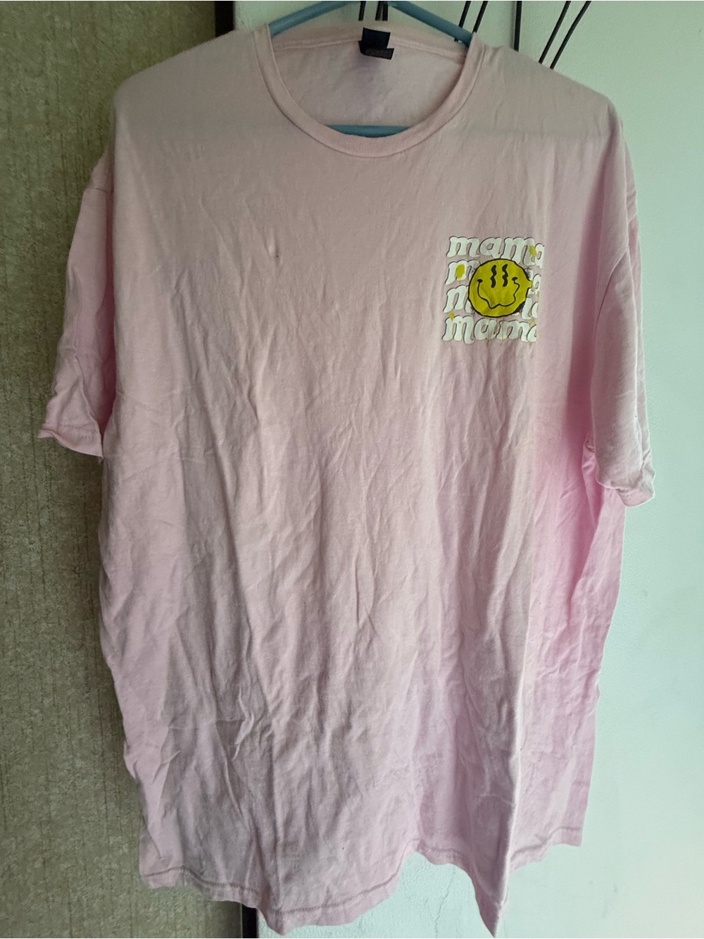 Gildan Pink Short-Sleeve Tee with Yellow Smiley Chest Graphic